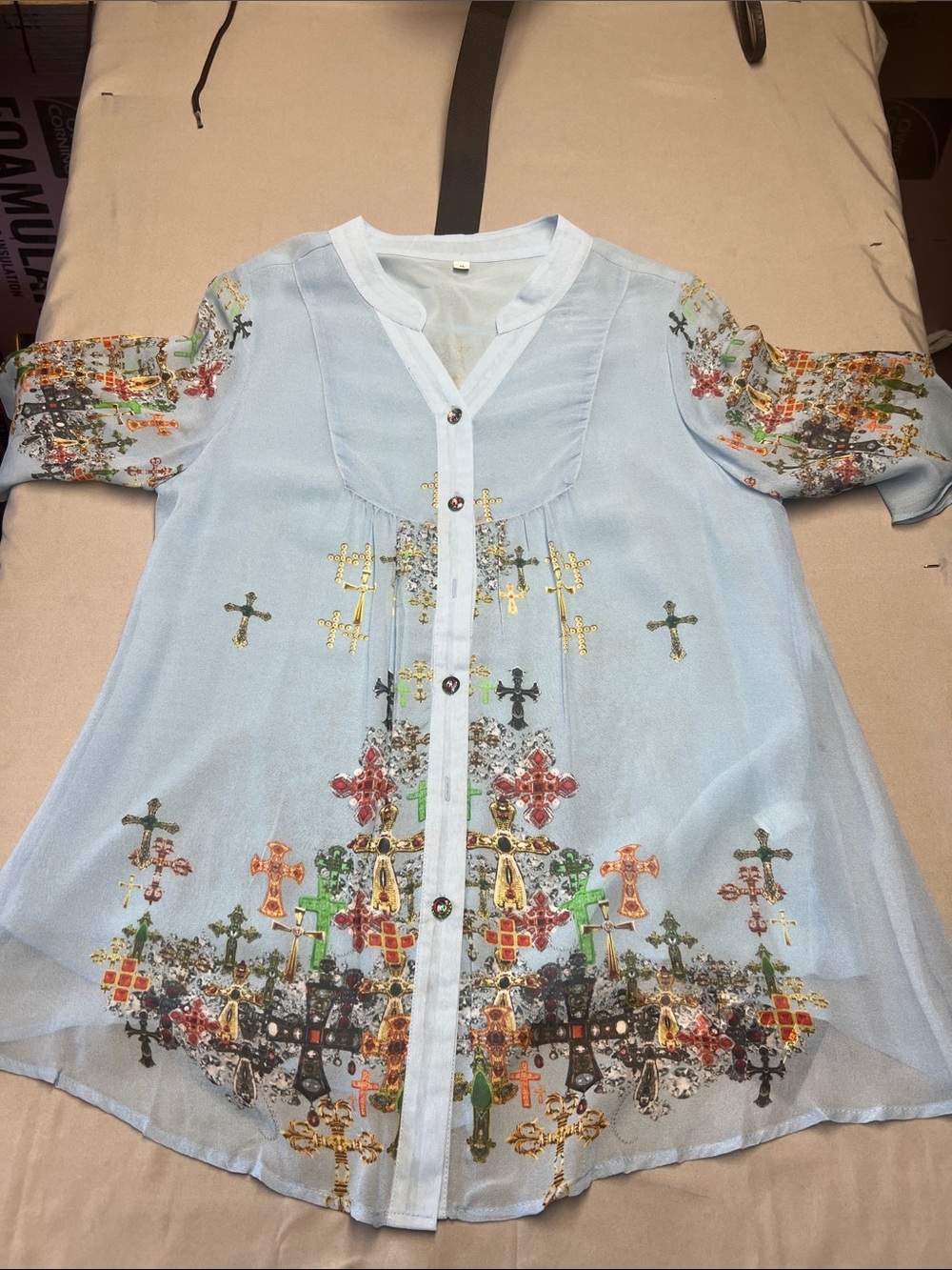 Light Blue Embellished Cross Motif Button Front Tuniclined silk
